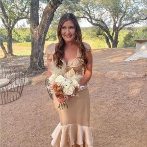 Elegant Tan Dress with Ruffle Hem